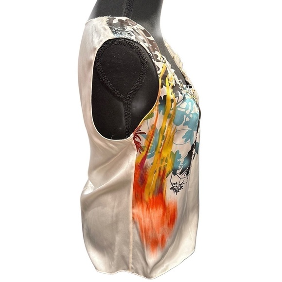 Tahari Sleeveless Blouse 100% silk studded ruffled neck ivory abstract color EUC - Picture 7 of 16